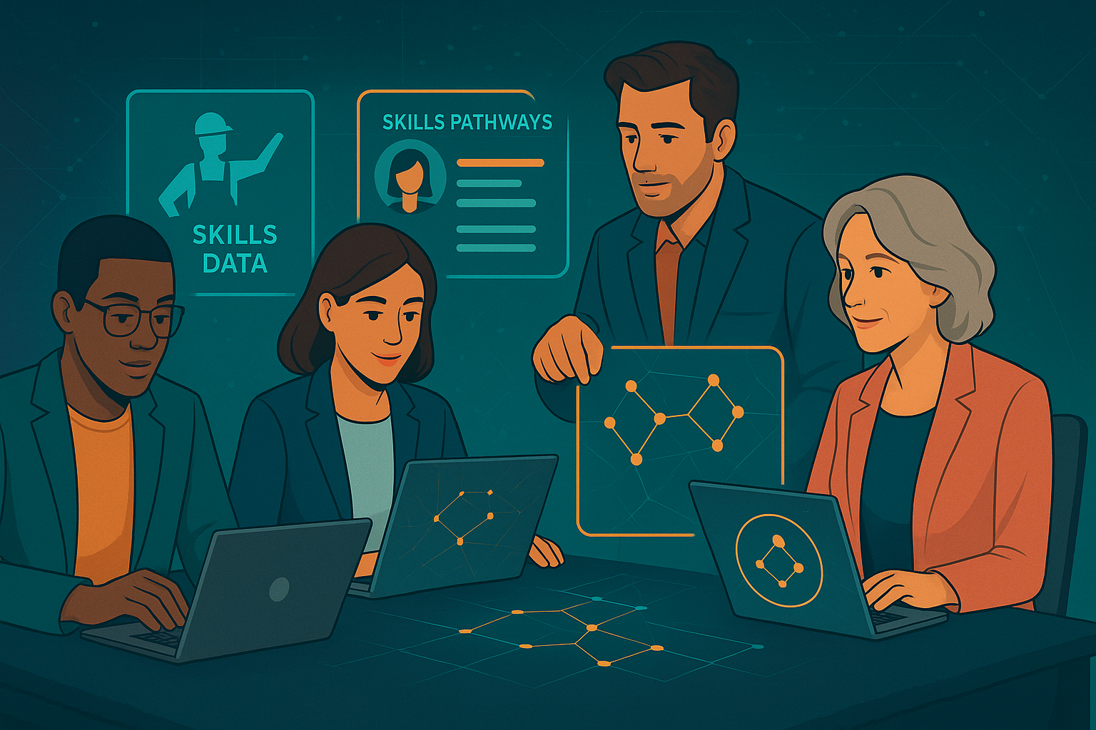 A digital illustration depicts four diverse professionals seated around a table, collaborating on laptops and a tablet in a futuristic, tech-driven workspace. The background features abstract teal and navy hues with glowing icons representing organizational structures, task completion, and automation. Each individual is focused and engaged, symbolizing the application of skills intelligence within a workflow.