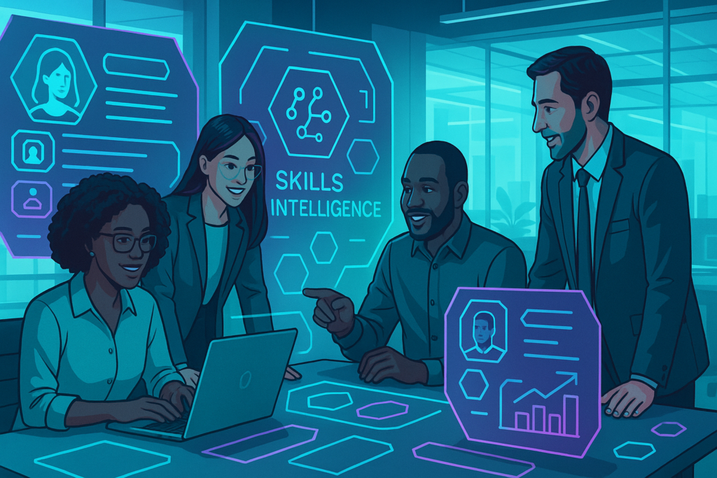 A digital illustration shows a HR team of four professionals—two women and two men—collaborating in a high-tech office environment.